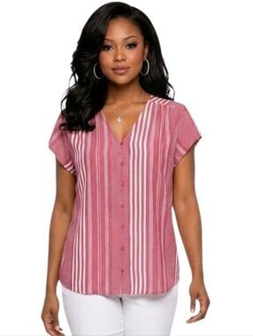 Liz Claiborne Red Striped V-Neck Button-Front Blouse Size XL